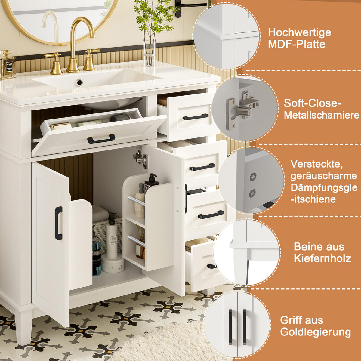 WASCHTISCH 90/46 cm,mit Keramikbecken und Schubladen Klappfach,Weiß - Weiß, Holz/Metall (96/87/46cm) - PARAFTA HOME