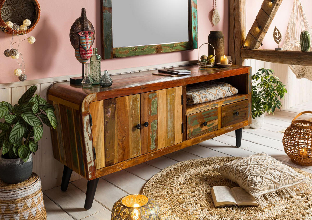 TV-BOARD Altholz 160x45x70 mehrfarbig lackiert SIXTIES #116 - Multicolor, Holz (160/70/45cm) - Massivmoebel24