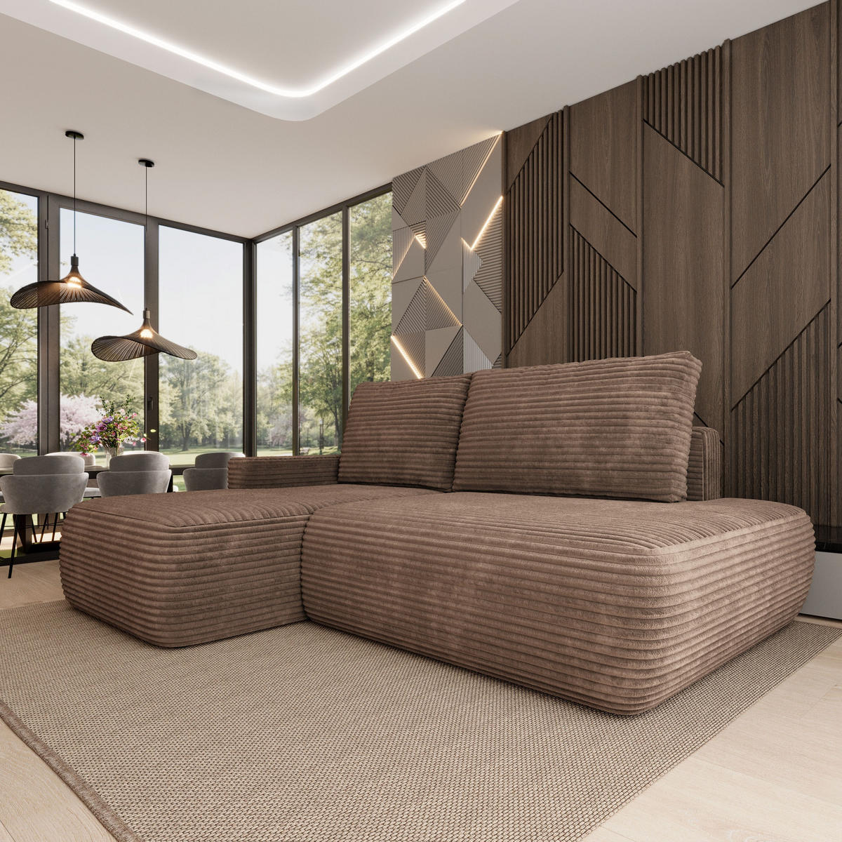 ECKSOFA AVINI T L-S Beige Kordstoff mit Schlaffunktion - Beige, Holzwerkstoff/Textil (277/160cm) - MASSENO