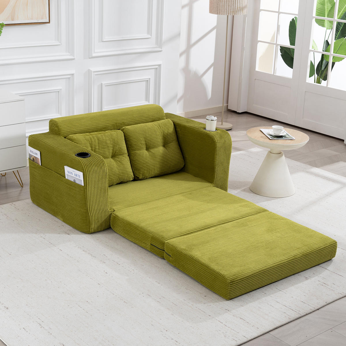 SCHLAFSOFA in Olive Cord mit Getränkehalter und Seitentaschen - Olivgrün, Textil (136/82.5/80cm) - Oxeza