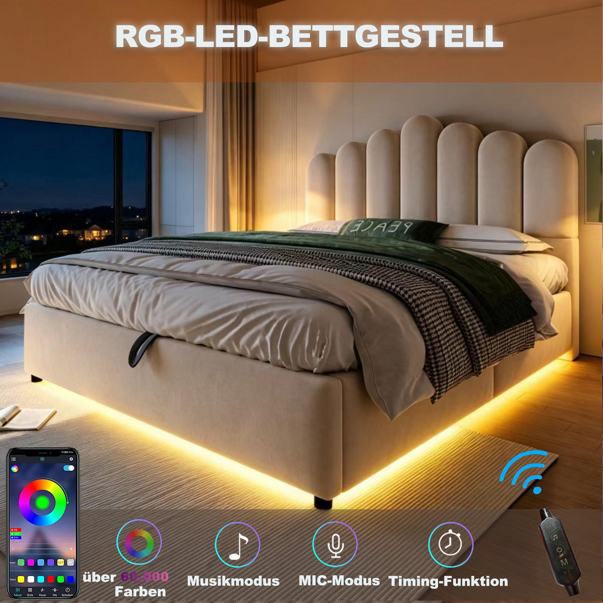 POLSTERBETT 140/200 cm in Beige mit Bettkasten, LED und gepolstertem Kopfteil aus Samt - Beige, Holzwerkstoff/Textil (140/200cm) - STILVORA