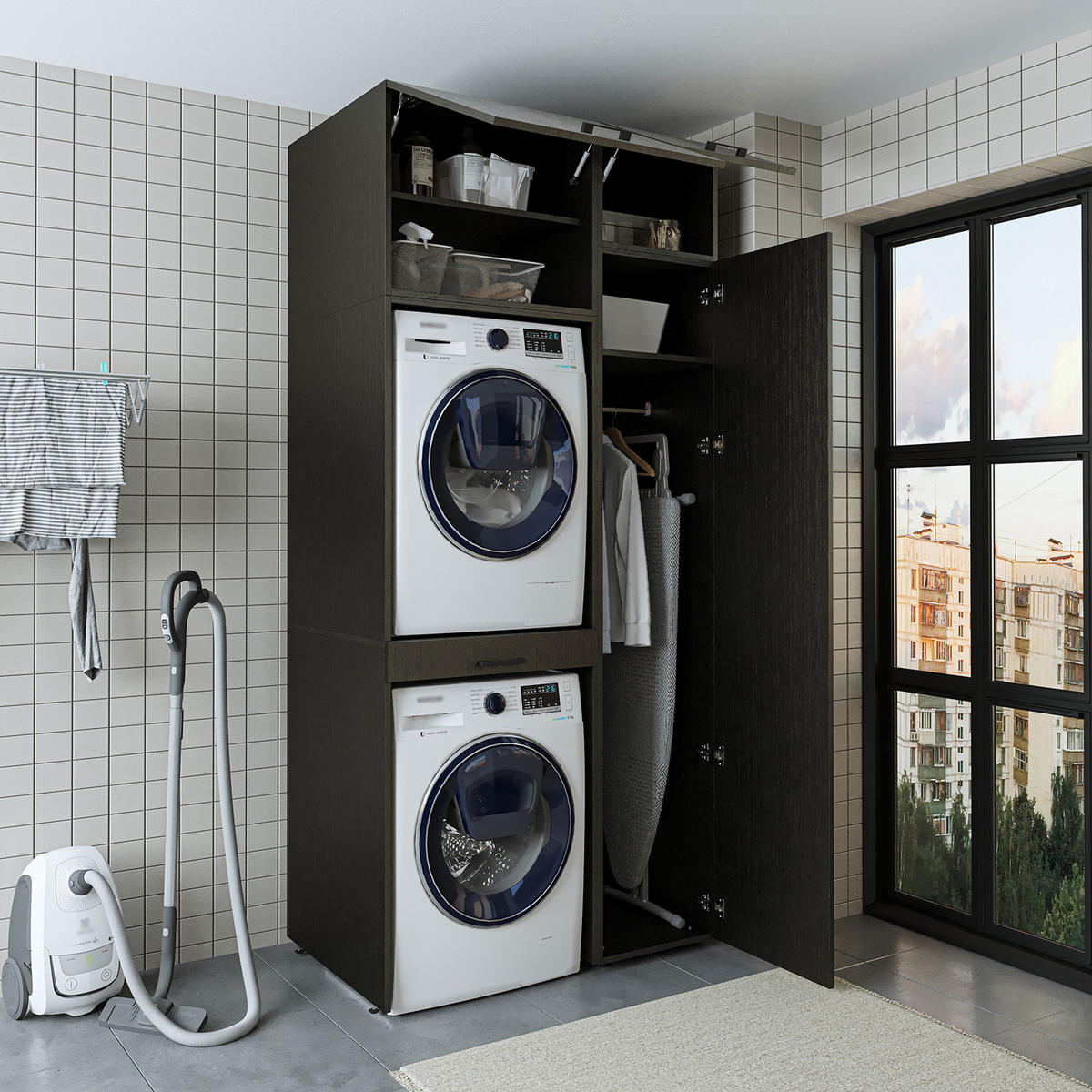 WASCHMASCHINENSCHRANK DUO-I 112cm Breit, 240cm Hoch - Schwarz, Holzwerkstoff (112/240/67cm)