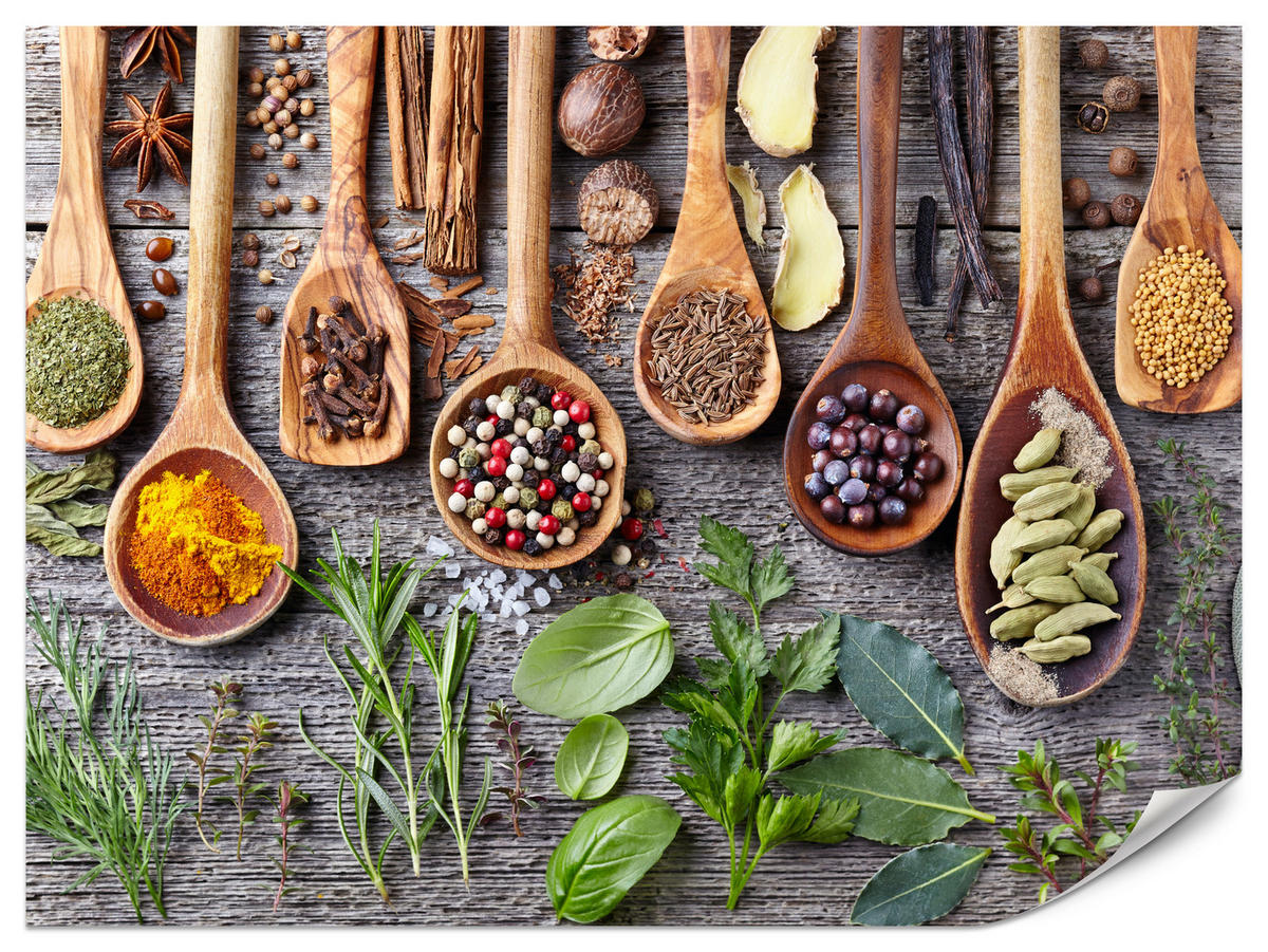FOTOTAPETE für Küche Kräuter Gewürze Holzlöffel Tisch 200x140 - Gelb/Beige, Papier (200/140cm) - Muralo
