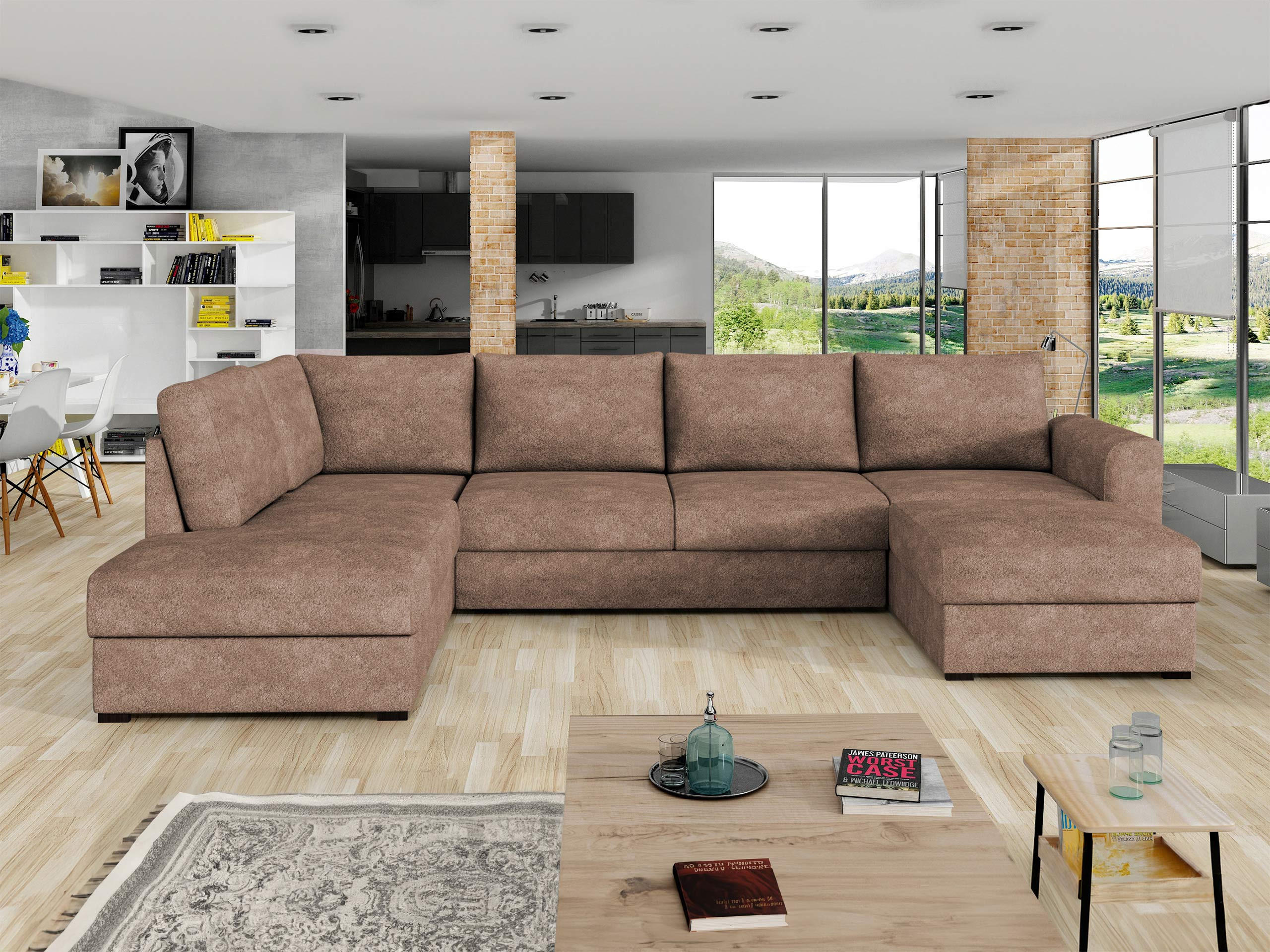 WOHNLANDSCHAFT Wilma, Seite: Links - Hellbraun/Schwarz, Holz/Textil (305/85/188cm) - MIRJAN24