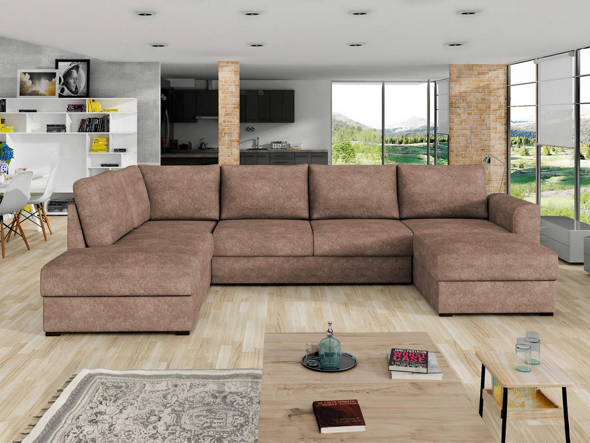 WOHNLANDSCHAFT Wilma, Seite: Links - Hellbraun/Schwarz, Holz/Textil (305/85/188cm) - MIRJAN24