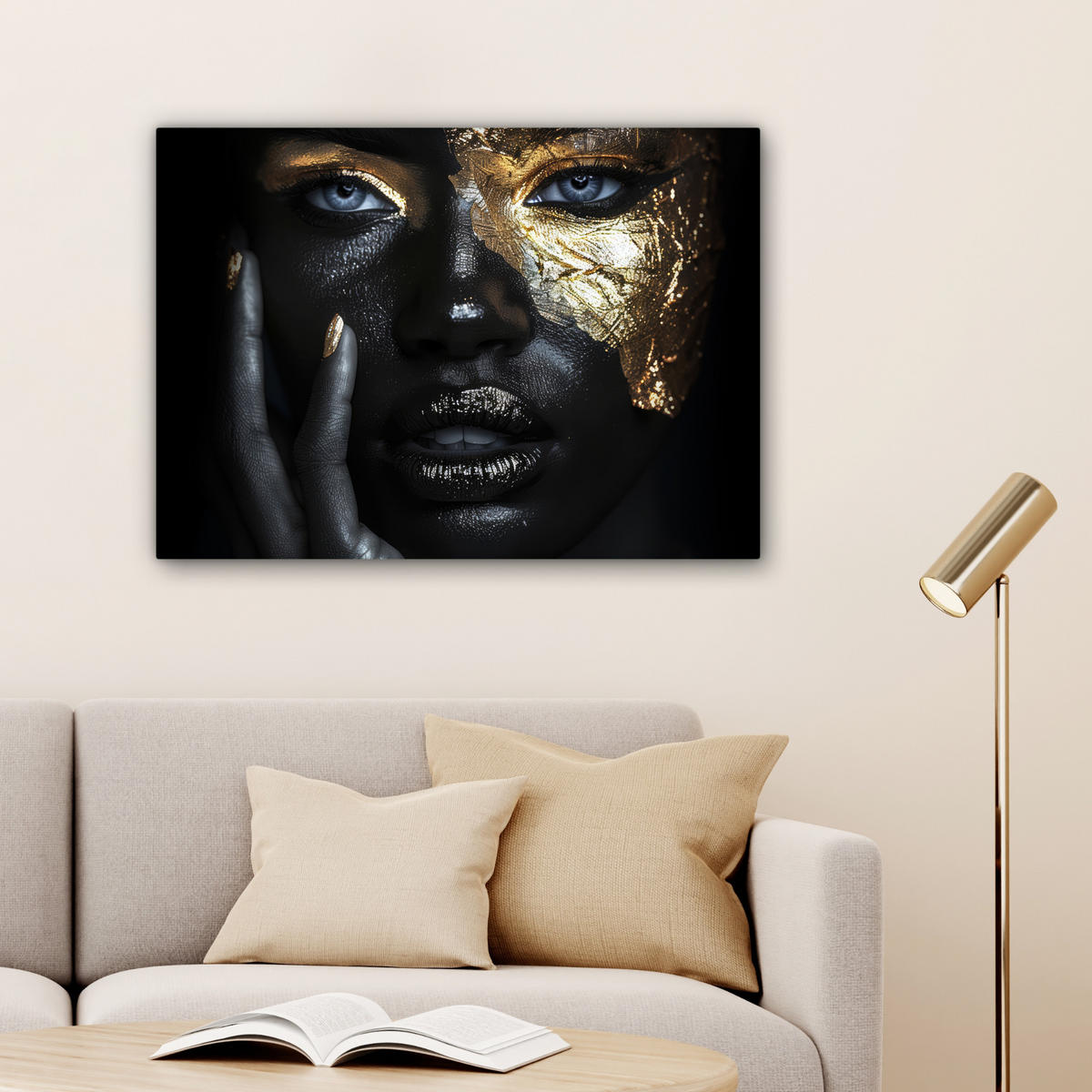 LEINWANDBILD Frau - Gold - Porträt - Schwarz-Weiß - Luxus Wandbilder 80x60 cm - Hellblau, Textil (80/60cm) - MuchoWow