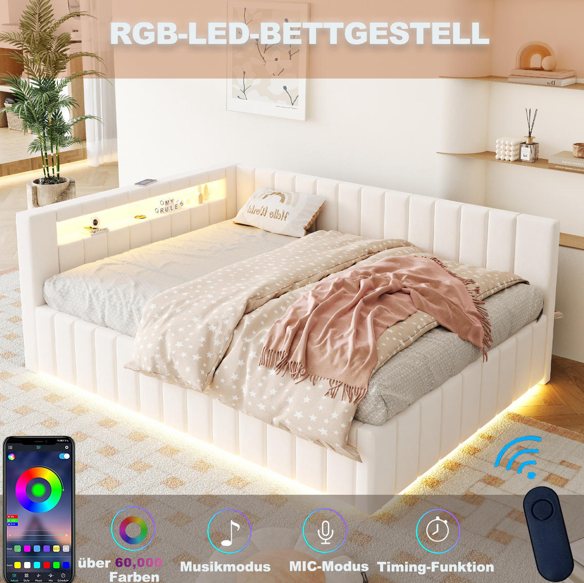 POLSTERBETT 140/200 cm aus Samtstoff mit LED-Beleuchtung USB-Anschluss und Stauraum Beige - Beige, Textil (140/200cm) - Modenvie