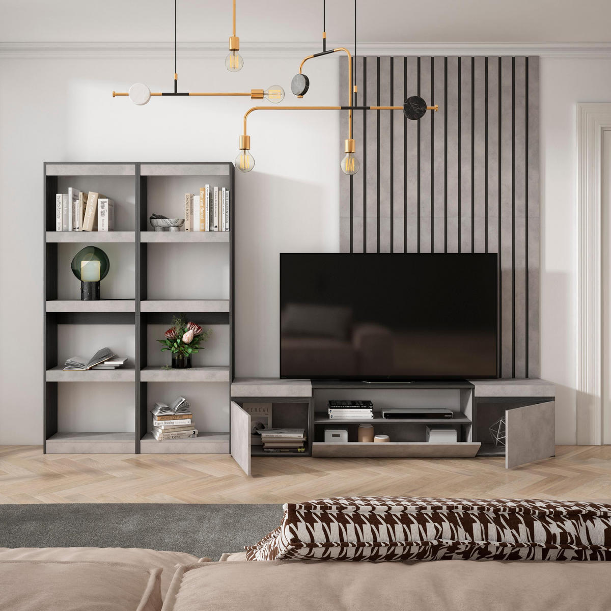 WOHNWAND zementgrau, 320/35/186cm - Hellgrau, Holzwerkstoff (320/186/35cm) - Skraut Home