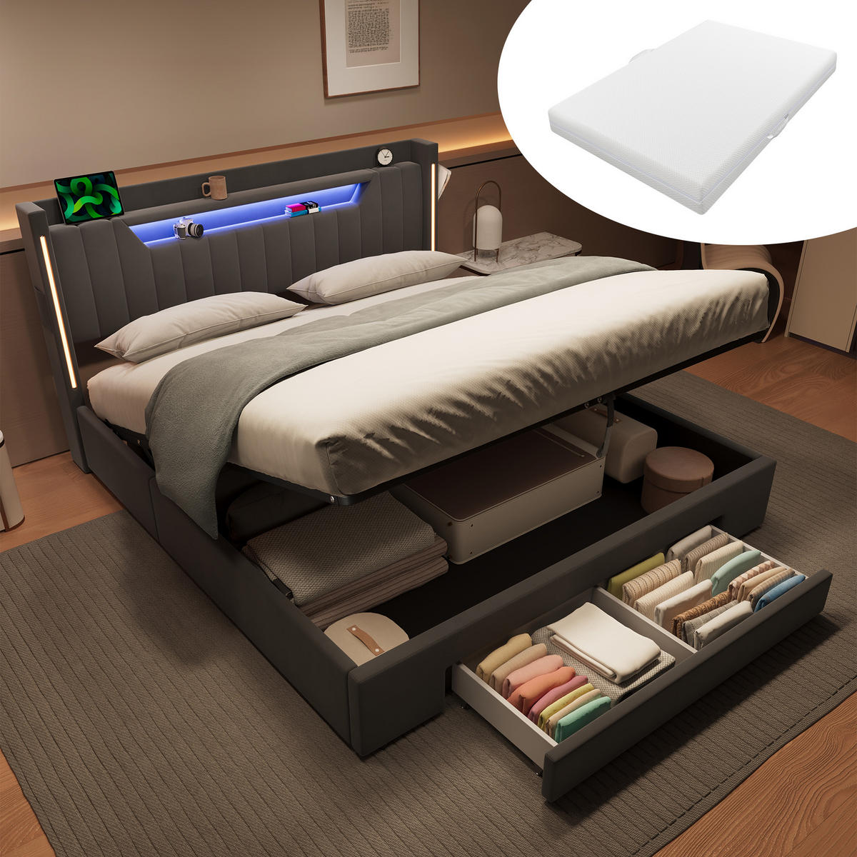 POLSTERBETT 160×200 mit Matratze, Bettkasten, Schubladen und LED Beleuchtung,Samtbezug, in Grau - Grau, Holzwerkstoff/Textil (160/200cm) - STILVORA