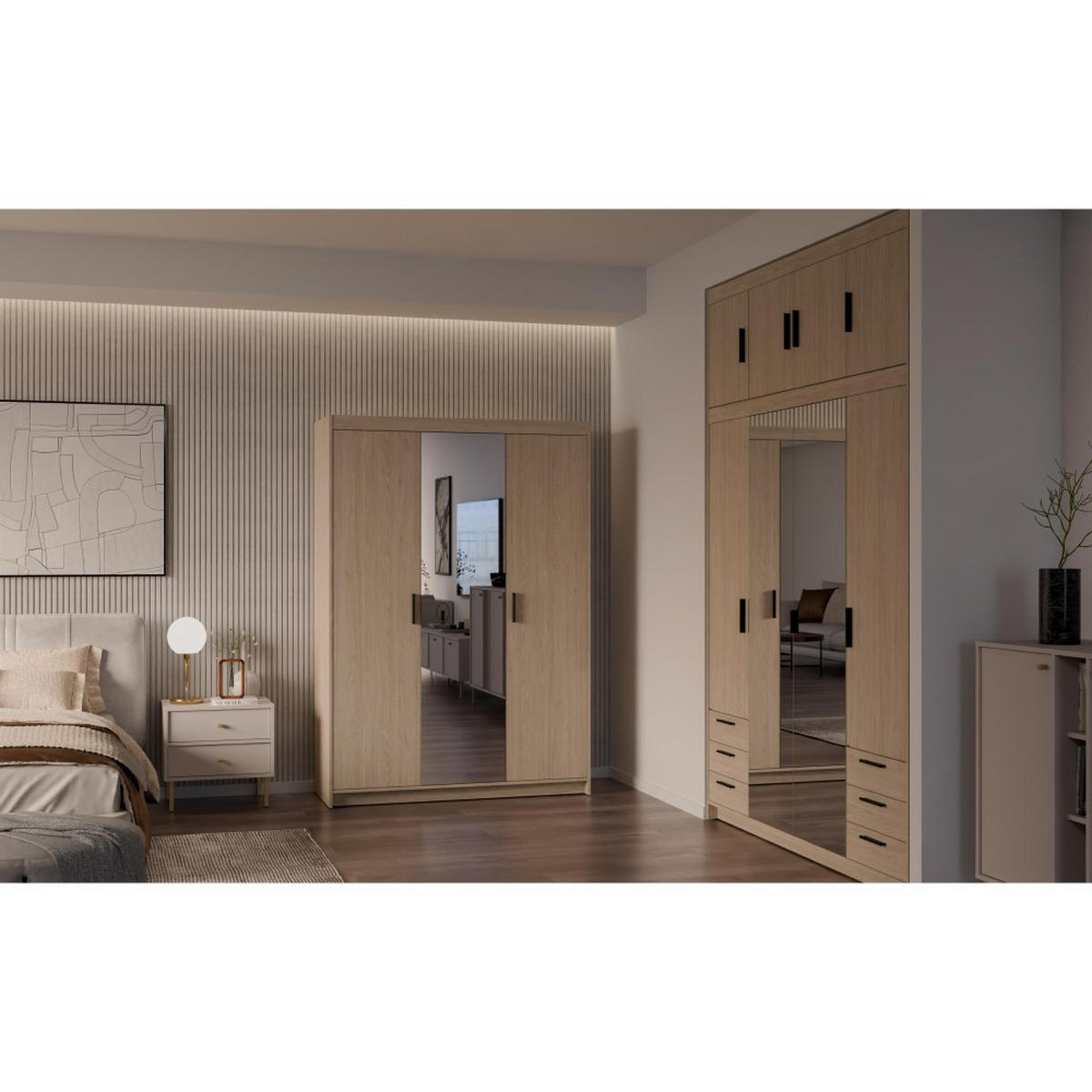 DREHTÜRENSCHRANK Elena mit 3 Türen, mit Spiegel, Eiche Geölt - Eichefarben, Holzwerkstoff (130/190/53cm) - Beautysofa