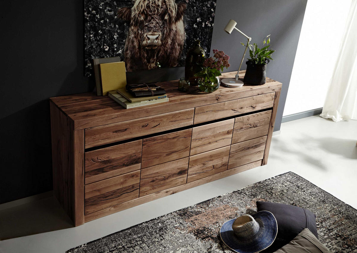 SIDEBOARD Wildeiche / Zerreiche 202x43x80 braun geölt MONTREUX #352 - Braun, Holz (202/80/43cm) - Massivmoebel24