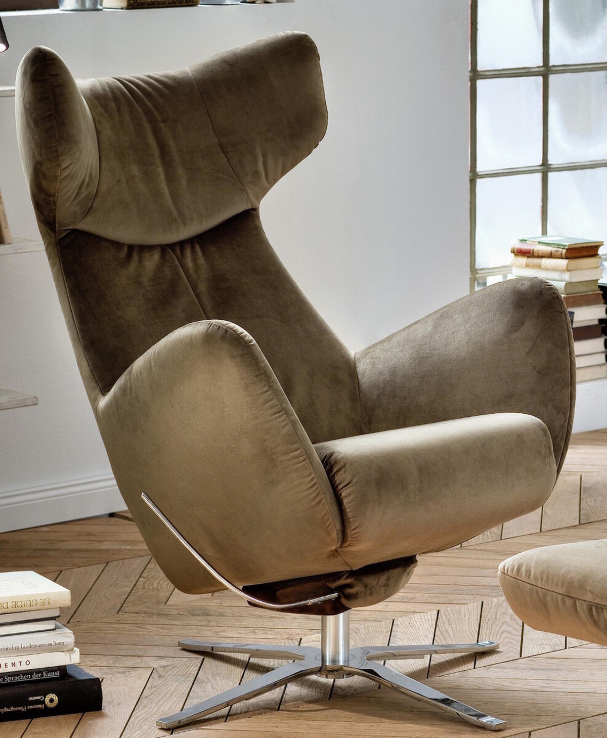 DREHSESSEL INKL. HOCKER RANDY Grün Velvet - Silberfarben/Olivgrün, Textil (79/117/96cm) - KAWOLA