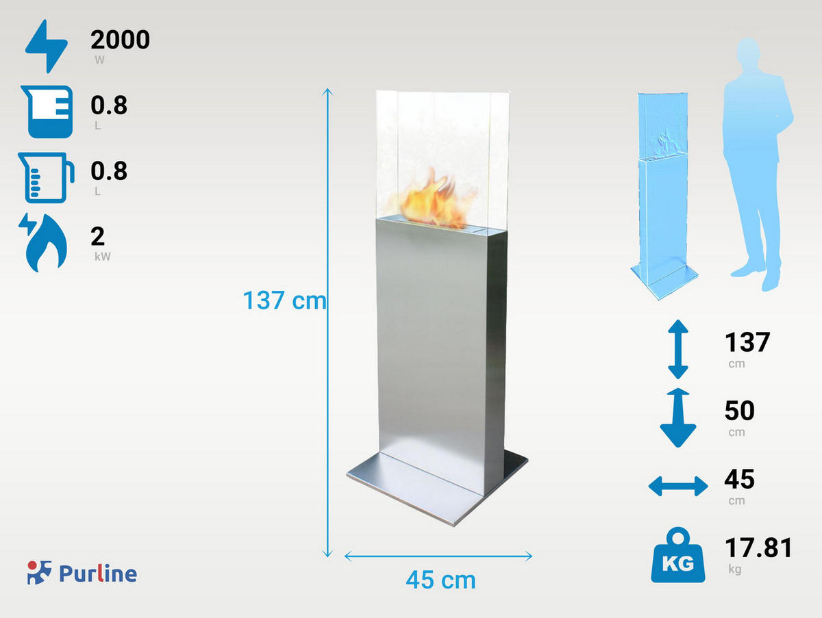 BIOETHANOL-KAMIN Silber Bodenmodell inklusive 0.8 L Brennblock - Silberfarben, Metall (45/137/50cm) - Purline