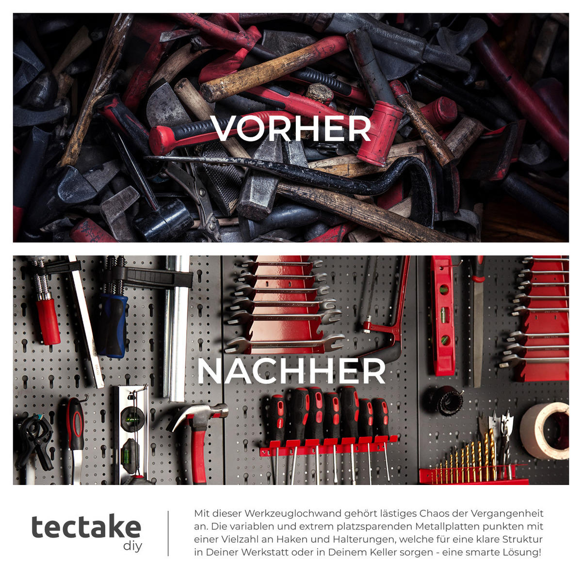 WERKZEUGLOCHWAND ,120 x 3 x 60 cm,schwarz/rot - Rot/Schwarz, Metall (120/60/2cm) - tectake