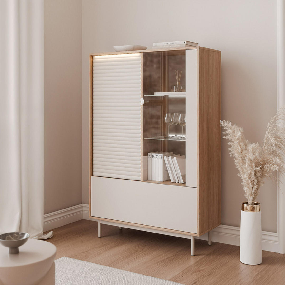 VITRINE LUSSO 100 cm Glastüren, Eiche / Kaschmir - Eichefarben, Holzwerkstoff/Metall (100/152/40cm) - Idohome