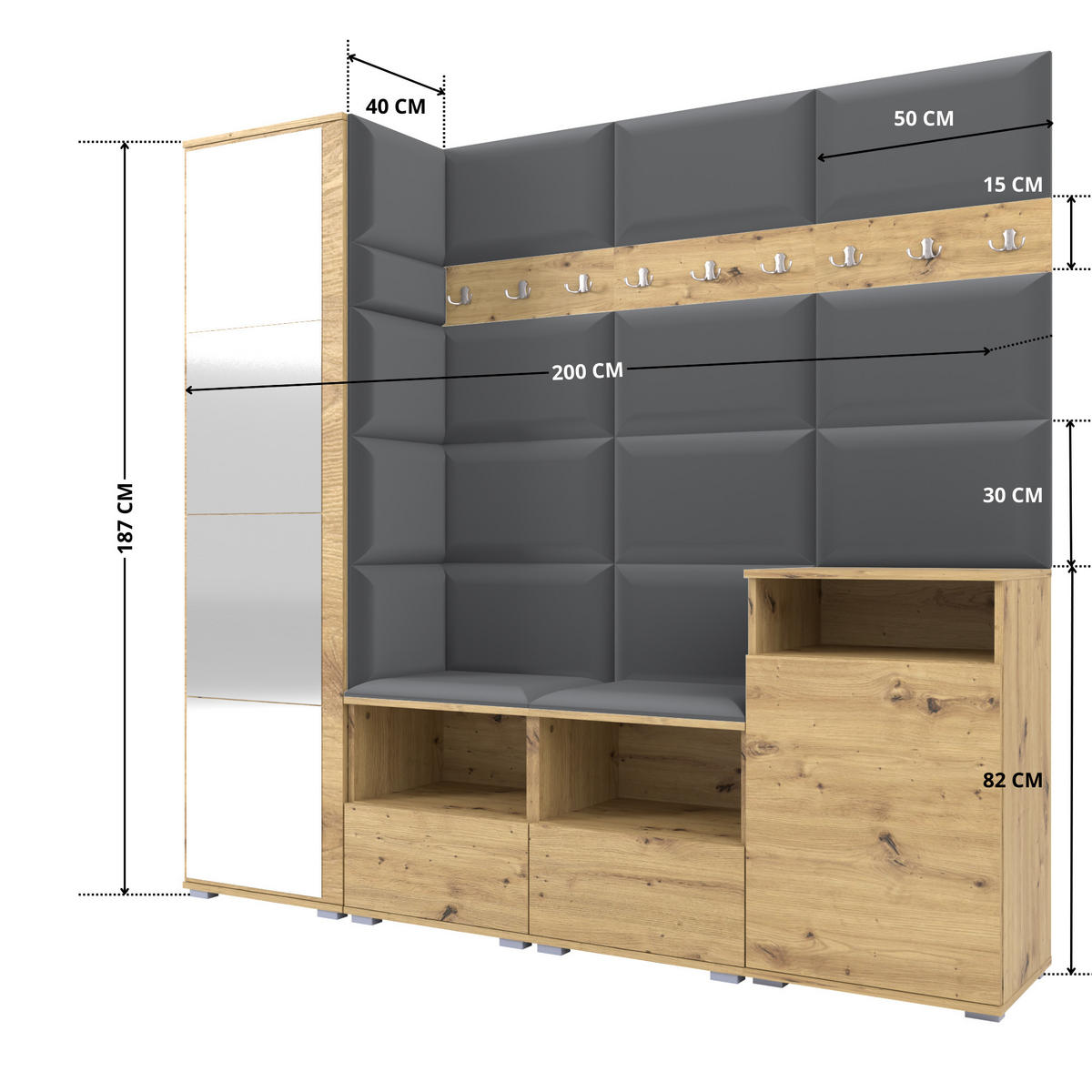 GARDEROBE NELA X 200 cm (Modulare Flurmöbel Artisan Eiche mit Spiegel & Sitzpolster Dunkelgrau 15 Schrank + Sideboard) - Dunkelgrau/Silberfarben, Holz/Holzwerkstoff (200/187/40cm) - Ravio
