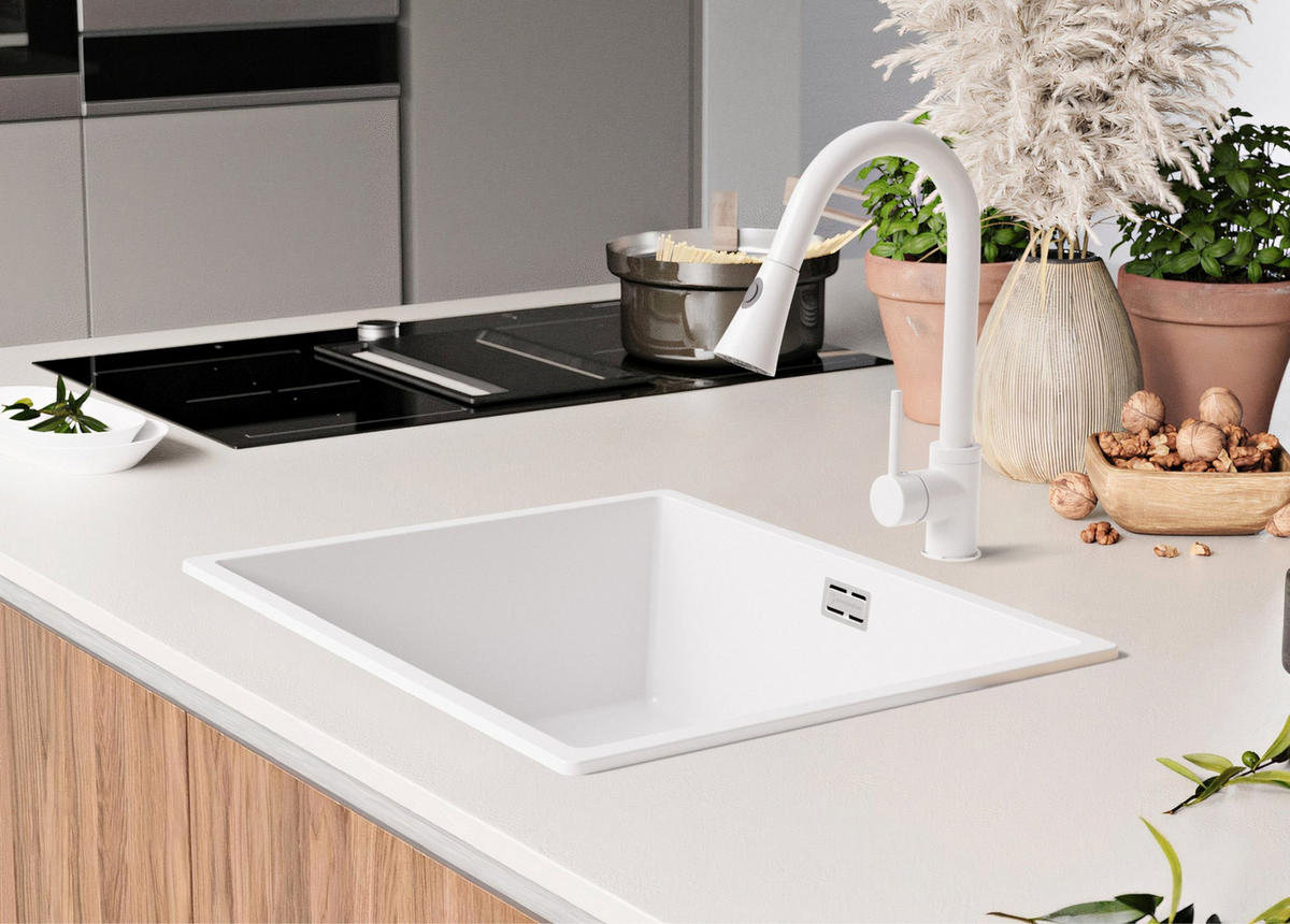 GRANITSPÜLE London Slim, 2-er set Alles Weiß 56/47 cm 1 Becken + Küchenarmatur 40/20 cm + Ablauf-Set ab 60er Unterschrank - Weiß, Kunststoff (56/20/47cm) - Primagran