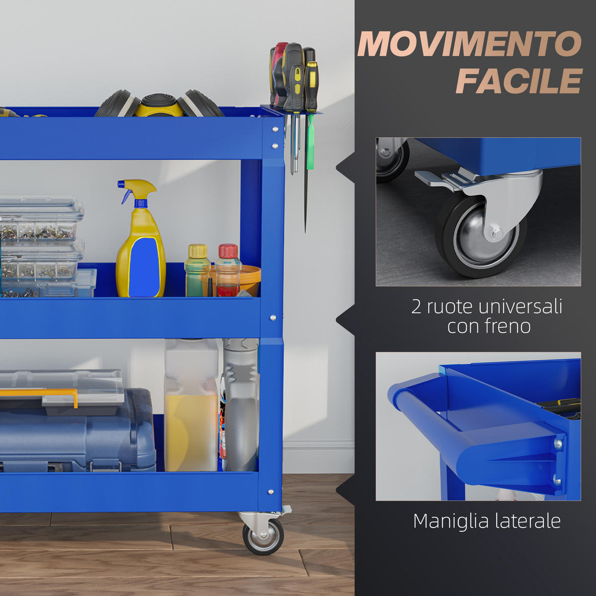 WERKZEUGWAGEN, 3-stöckiger Stahlwagen 83 x 35,3 x 76 cm, Blau - Multicolor, Kunststoff (35.3/76/83cm) - FORIOUS
