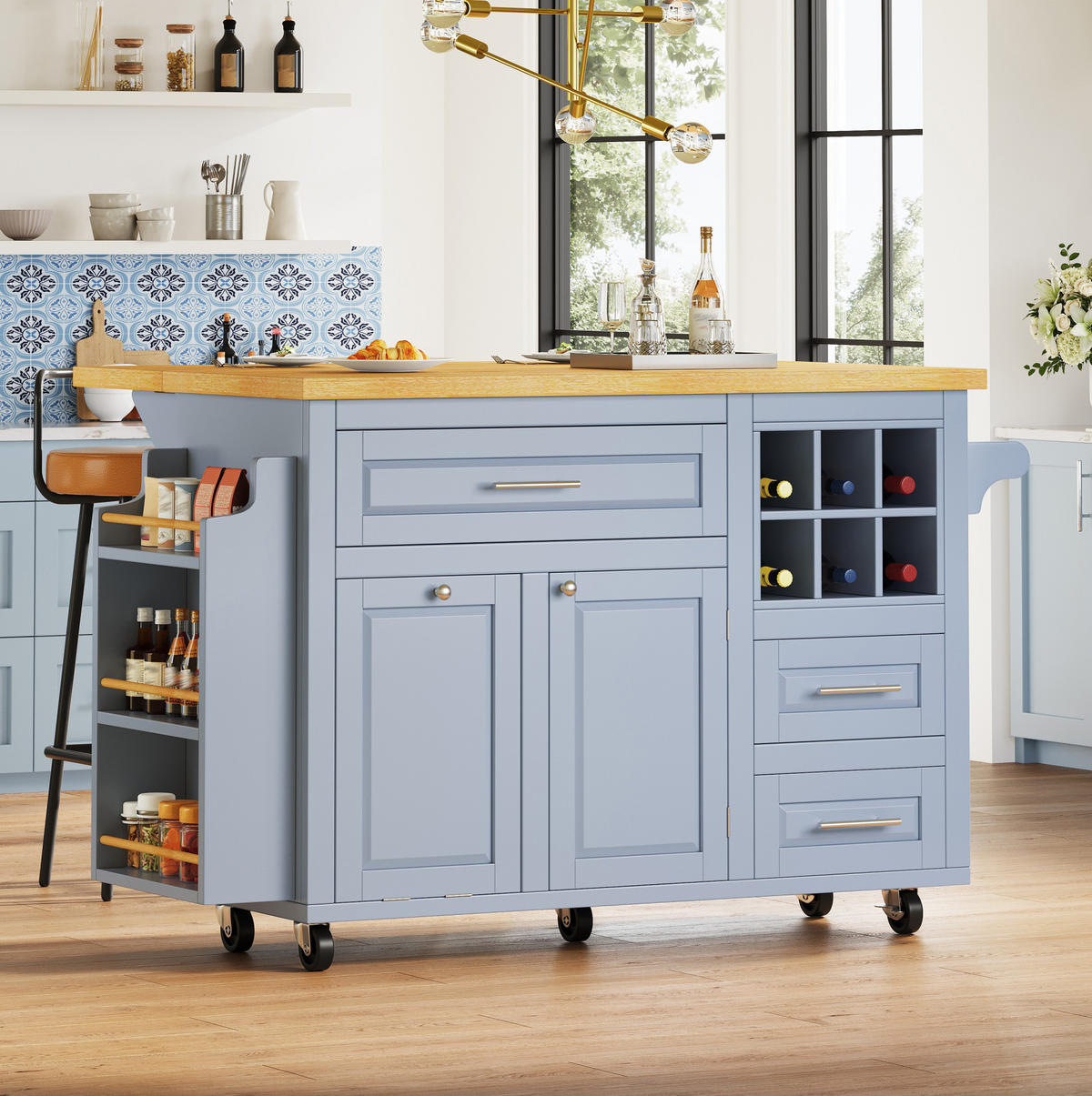 KÜCHENWAGEN mit klappbarer Arbeitsplatte 143 x 75 x 91 cm Blau - Blau, Holz (75/91/143cm) - Beauniv