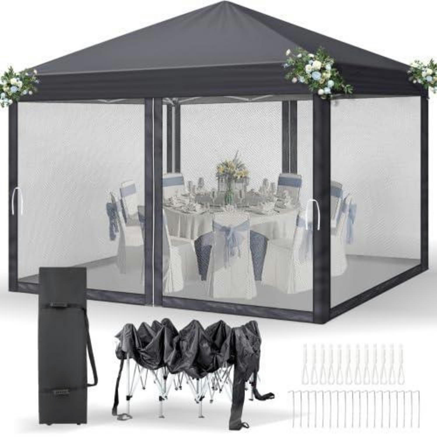 PAVILLON 3 x 3 m wasserdicht UV Schutz 50+ mit 4 Mesh-Seitenteilen Dunkelgrau - Anthrazit, Textil (255/300/300cm)
