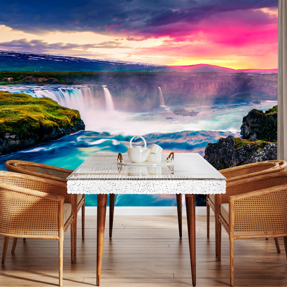 FOTOTAPETE für Esszimmer Godafoss Wasserfall Sonnenuntergang Natur 200x140 - Multicolor, Papier (200/140cm) - Muralo