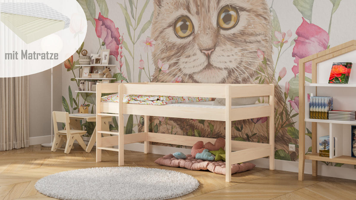 HOCHBETT Leo 200x90 naturweiß mit Matratze - Naturfarben, Holzwerkstoff (90/200cm) - LUKDOM