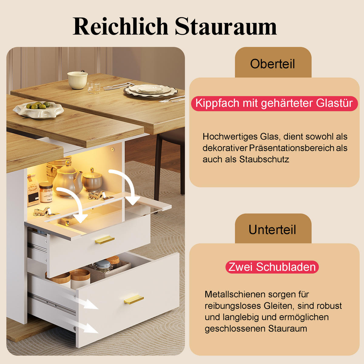 ESSTISCH in Holzoptik Ausziehbarer Küchentisch mit Stauraum und LED, für Küche & Esszimmer - Weiß, Holzwerkstoff (80/110/75cm) - STILVORA