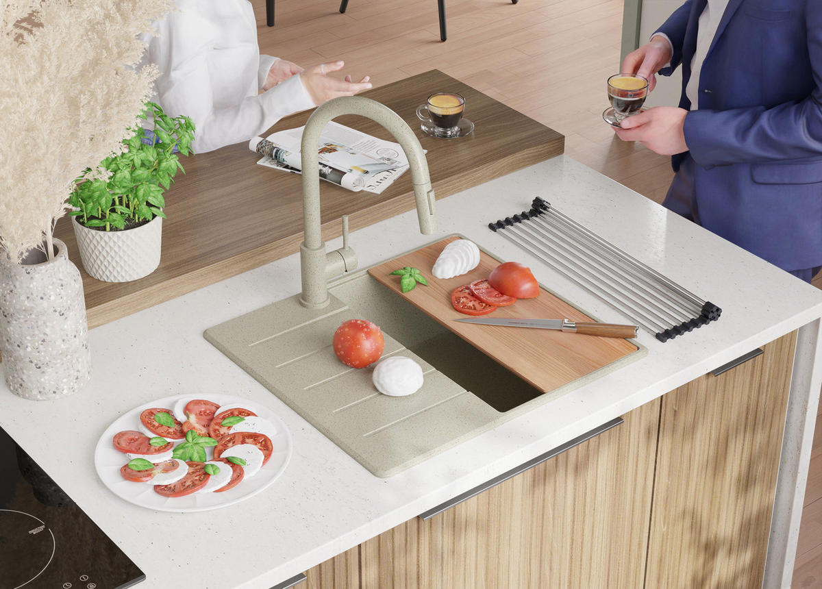 GRANITSPÜLE Kopenhagen, 2-er set Beige 55/50 cm 1 Becken + Küchenarmatur 32/20 cm + Ablauf-Set + Schneidebrett ab 40er Unterschrank - Beige, Kunststoff (55/20/50cm) - Primagran