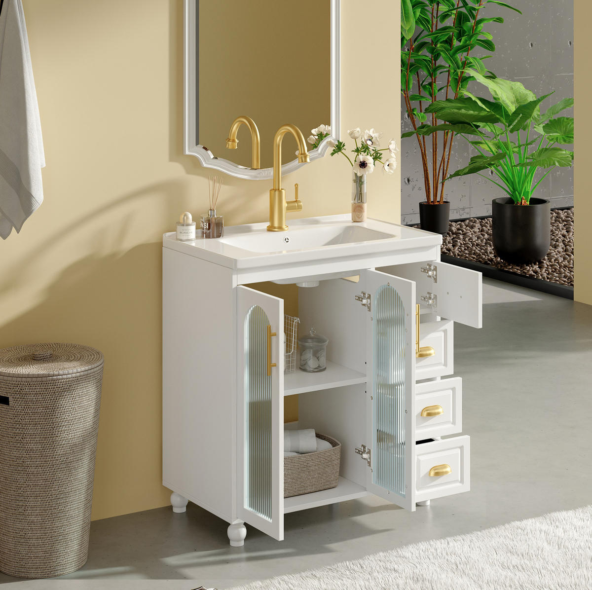 WASCHTISCH mit Unterschrank aus MDF und Porzellan 80x47x90 cm Weiß mit 3 Schubladen und Stauraum - Weiß, Holzwerkstoff (80/90/47cm) - Modfu