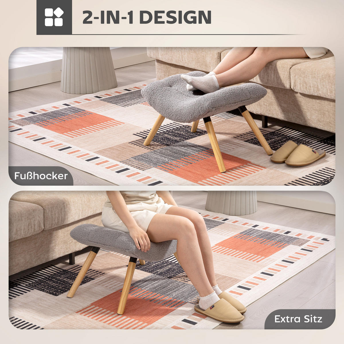 SITZHOCKER mit Berberfleece-Stoff 67 x 45 x 38 cm, Hellgrau - Hellgrau, Kunststoff (45/38/67cm) - HOMCOM