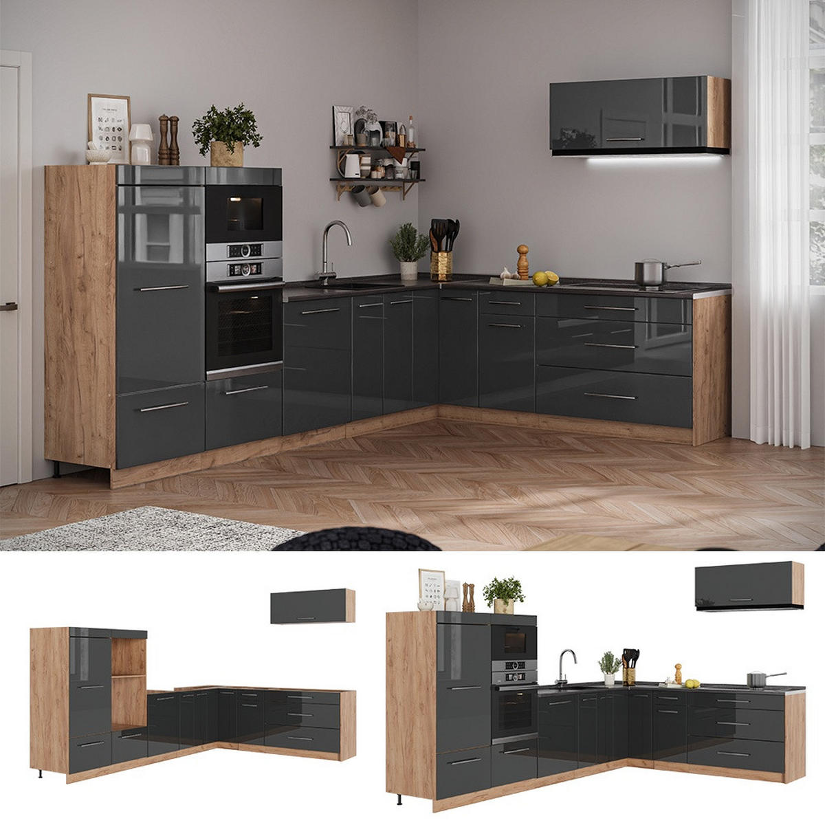 KUHINJA U OBLIKU SLOVA L Fame-Line, Antracit visokog sjaja/Hrast zlatnog tona, 327 x 227 cm bez radne ploče - hrast medunac/crna visoki sjaj, drvni materijal (327/153.6/51.6cm) - Vicco