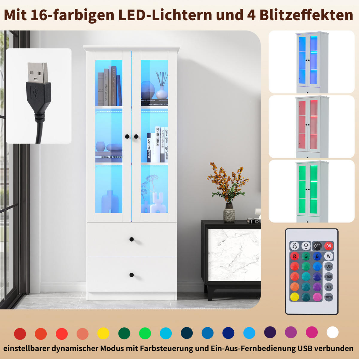 VITRINE 60/35,5/165 cm in Weiß matt mit LED-Beleuchtung und 2 Schubladen - Weiß, Holzwerkstoff (60/165/35.5cm) - Flora Grace