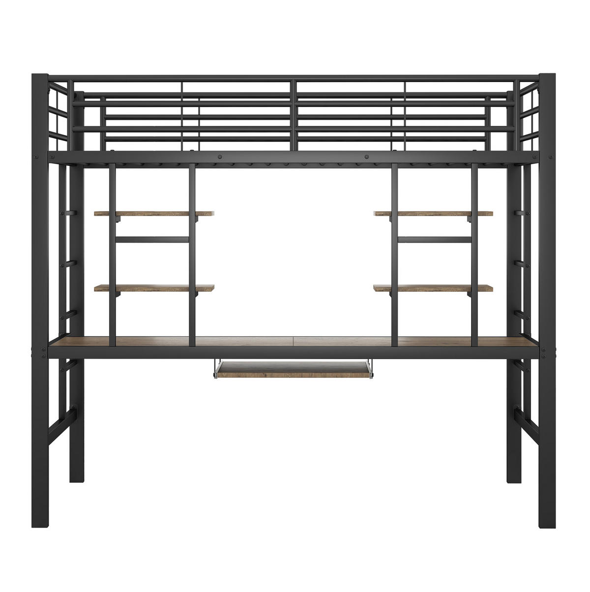 HOCHBETT aus Metall 90x200 cm Schwarz mit Schreibtisch, 2 Regalen und Leiter platzsparend - Schwarz, Metall (90/200cm) - Modfu
