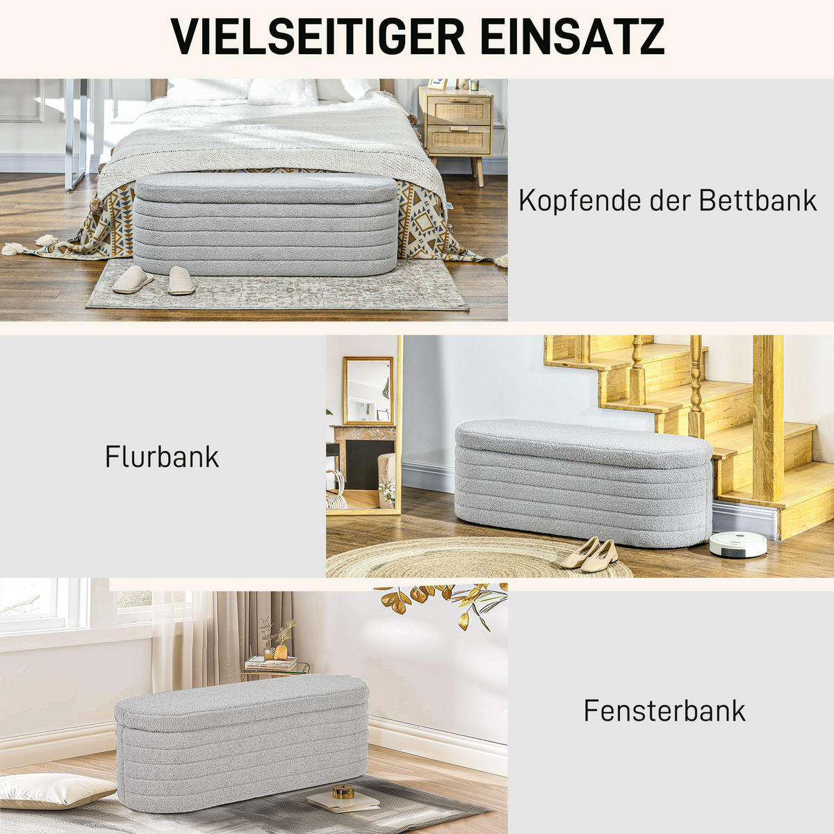 SITZBANK Polsterbank mit Stauraum, Teddy-Vlies-Optik, Bettbank mit Holzbeine - Hellgrau, Kunststoff (41/40.5/116cm) - HOMCOM