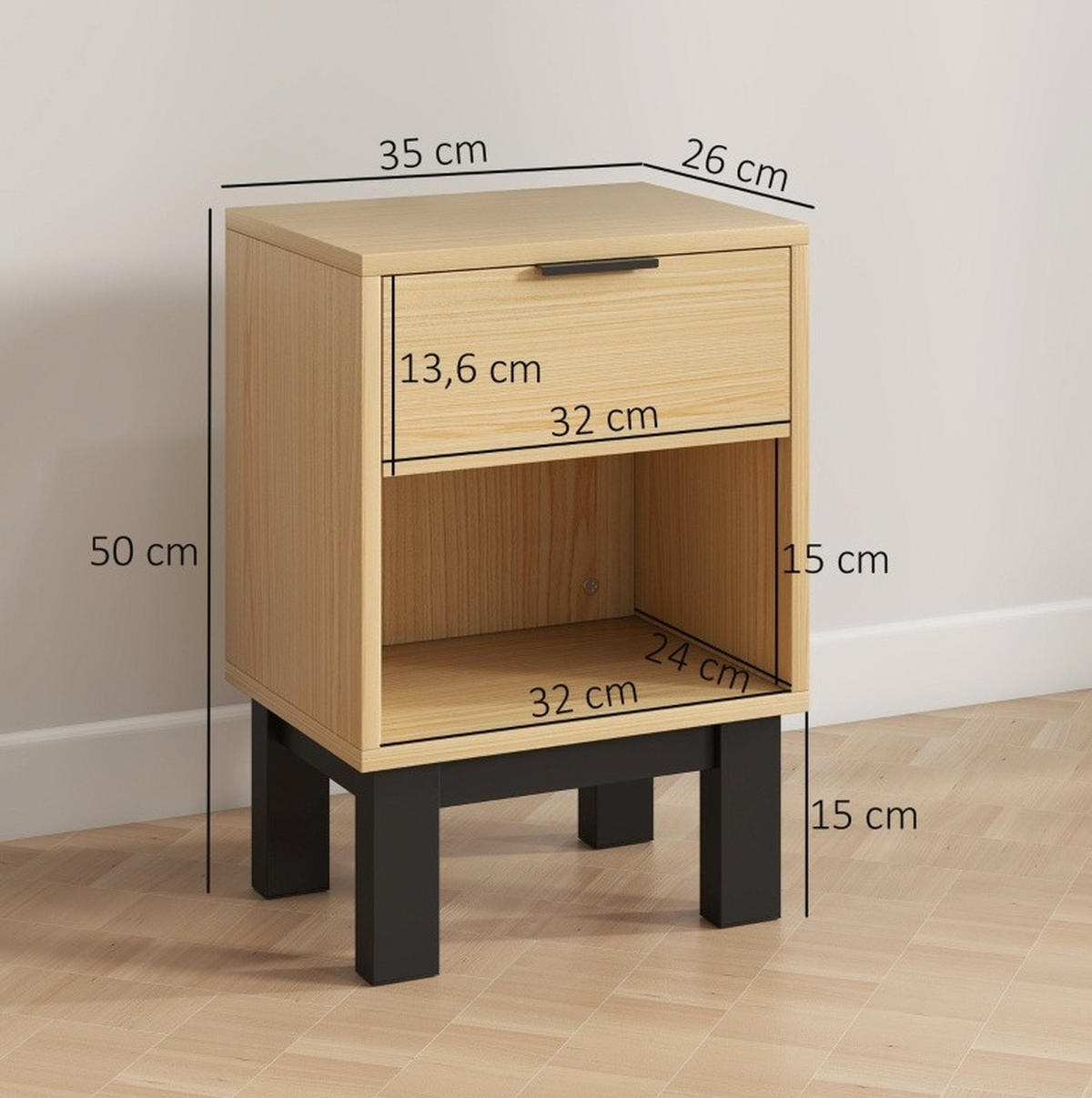NACHTTISCH 35/26/50 cm in Eiche mit Schublade und offenem Fach - Braun, Holz (26/50/35cm) - Flora Grace