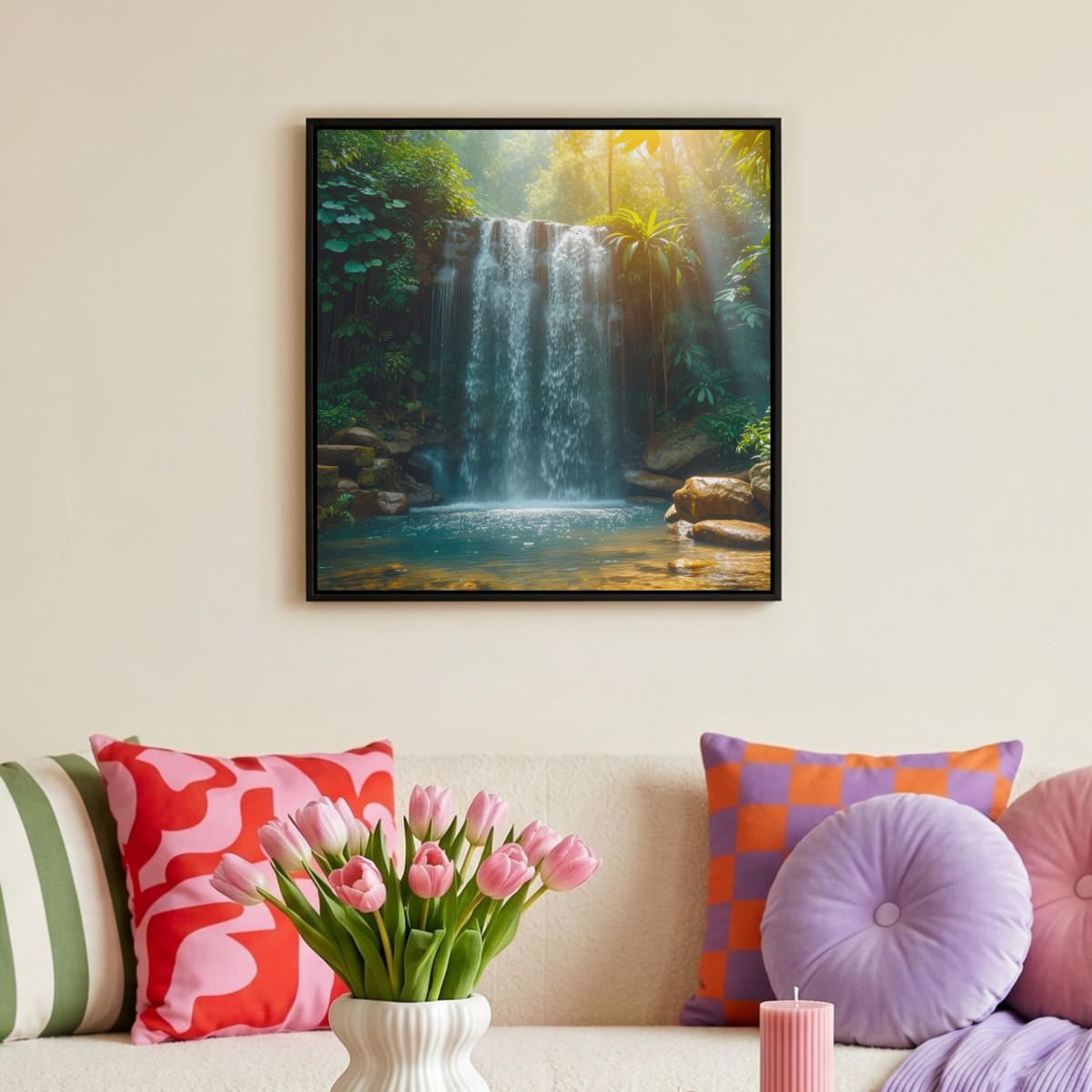 LEINWAND Bilder mit Rahmen - Wasserfall - Dschungel - Sonne - Grün - Natur - 50x50 - Grün, Textil (50/50cm) - MuchoWow