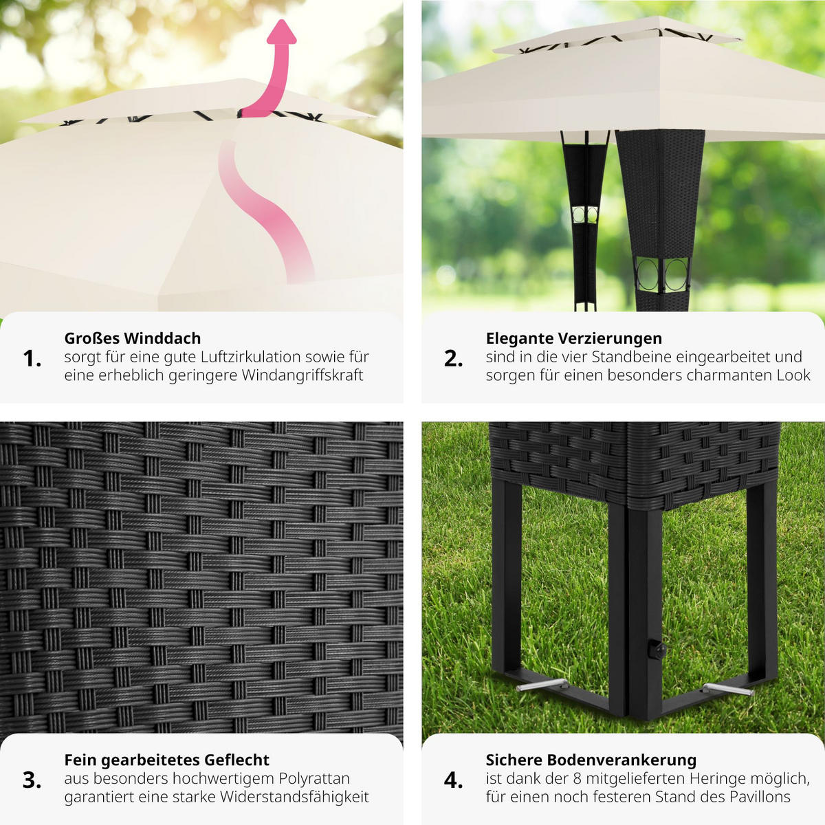 RATTAN GARTENPAVILLON Mona,inklusive Heringen,schwarz/creme - Creme/Schwarz, Kunststoff (300/265/400cm) - tectake
