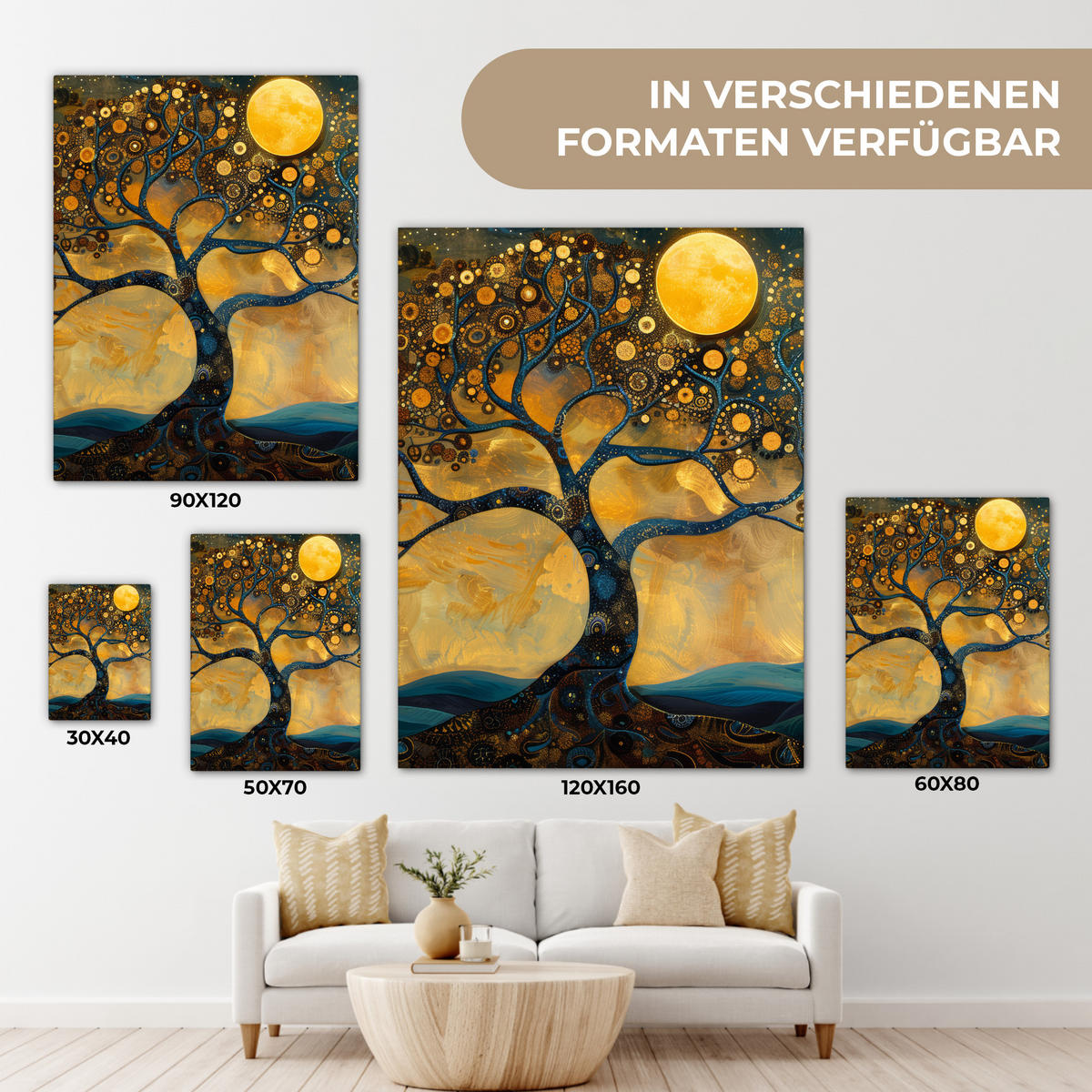 LEINWANDBILD Baum - Mond - Blumen - Gold - Kunst 60x80 cm - Orange, Textil (60/80cm) - MuchoWow