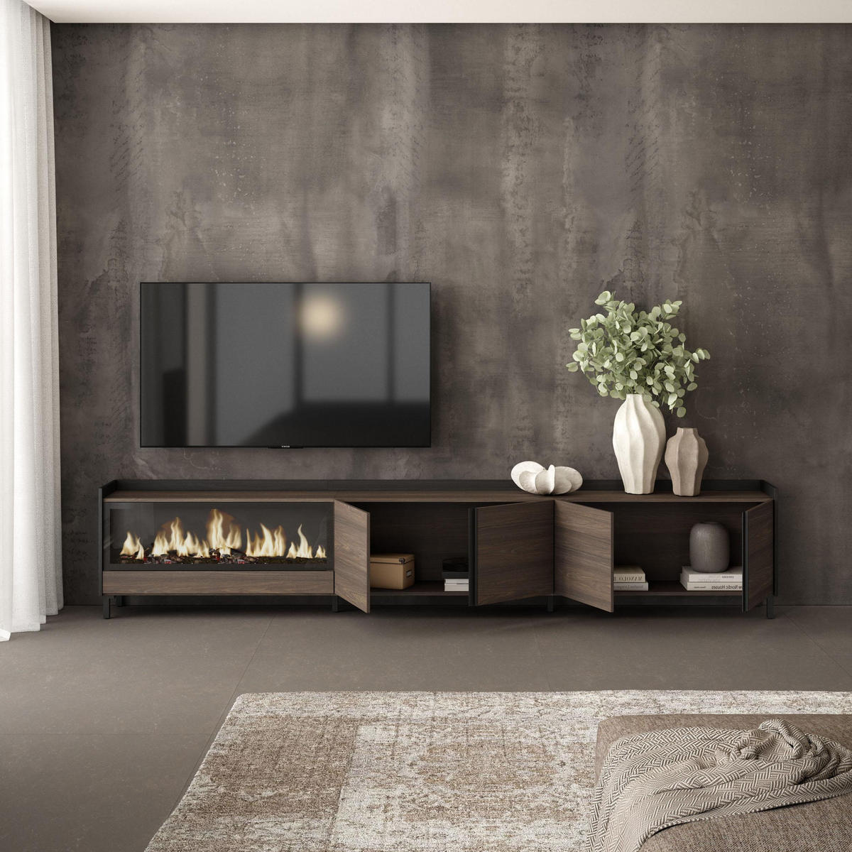 LOWBOARD, Eiche und Schwarz, 315/35/61cm, Kamin mit Feuereffekt XXL - Dunkelbraun, Holzwerkstoff (315/61/35cm) - Skraut Home