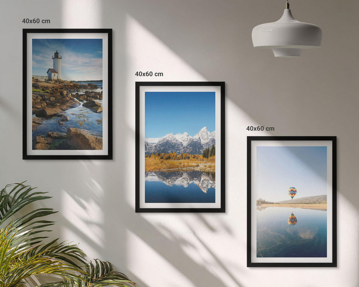 BILDER SET 3er Set - 40x60 cm Schwarzer Rahmen - Naturansichten, Leuchtturm, Berge, Ballonfahrt - Schwarz, Kunststoff (40/60cm) - TULUP