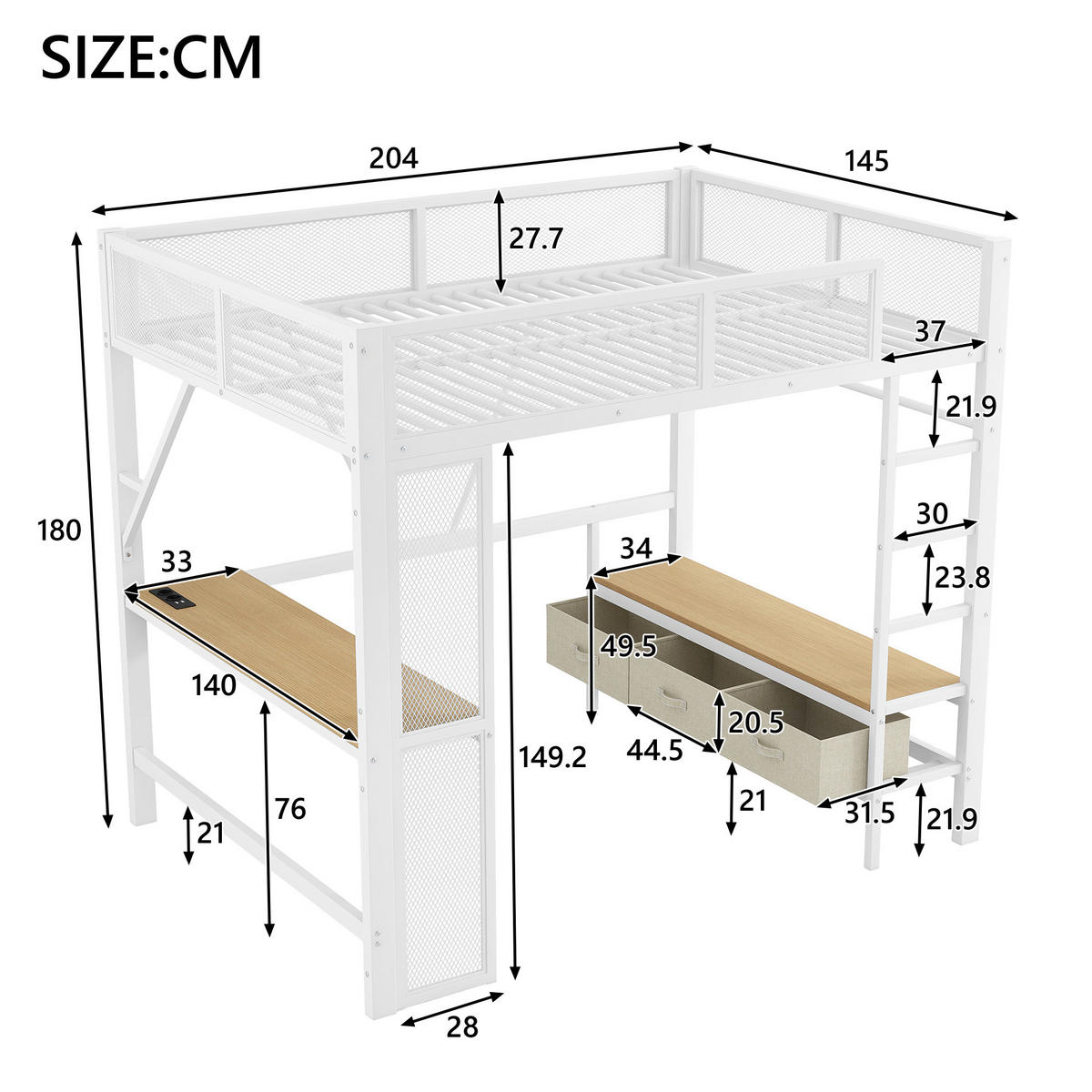HOCHBETT 140/200 cm aus Metall und MDF mit LED, USB, Schreibtisch und Stauraum Weiß - Weiß, Holzwerkstoff (140/200cm) - Modenvie