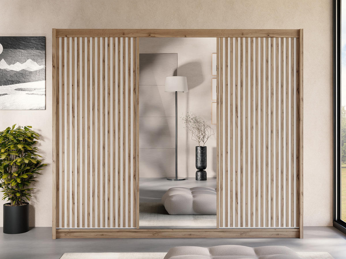 SCHIEBETÜRENSCHRANK London 250 - Eiche Wotan/Weiß, Holzwerkstoff (250/215/60cm) - MIRJAN24