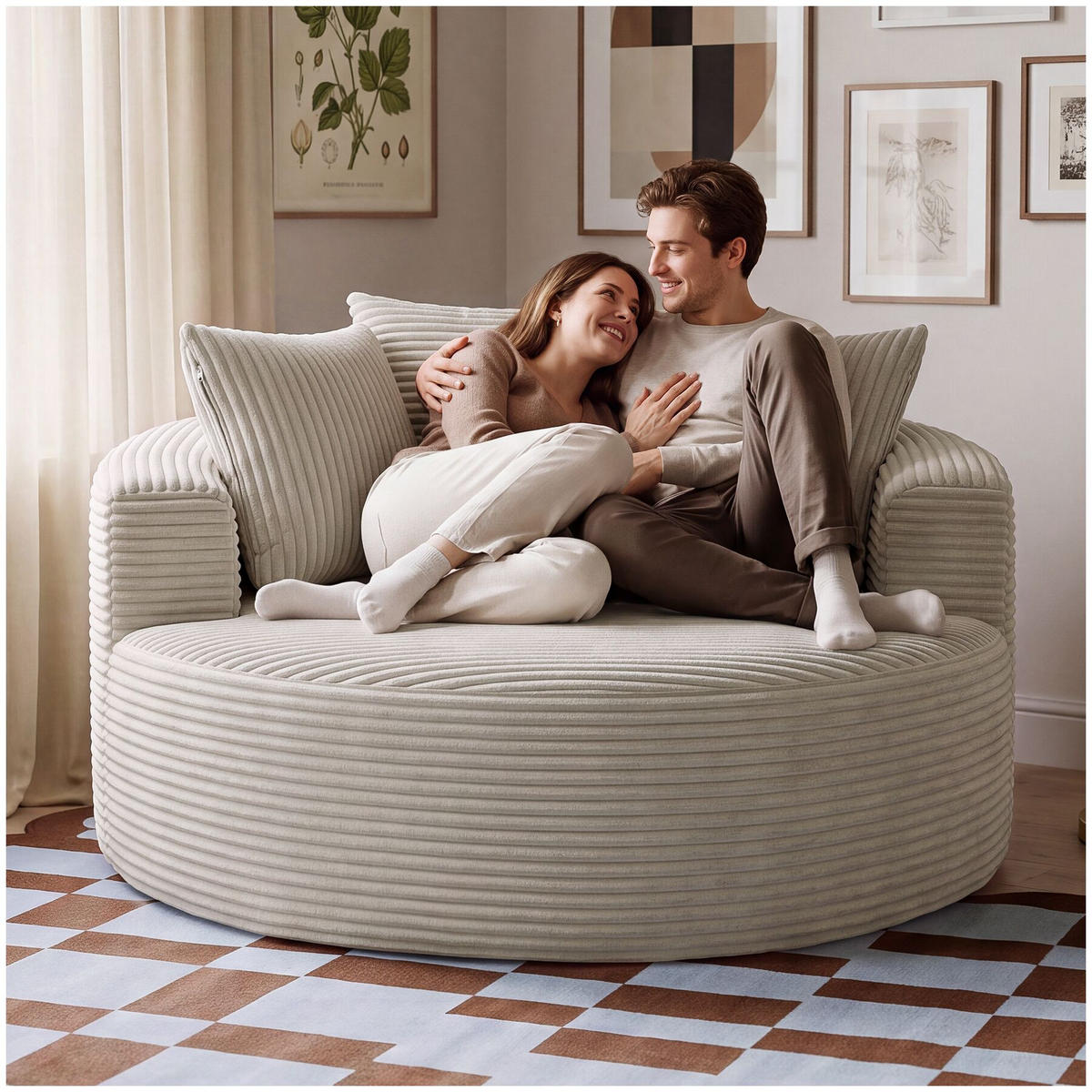 RELAXSESSEL Love, Ø 127 x 60 cm, mit 3 Kissen, Samtcord beige - Beige, Kunststoff/Textil (127/60/127cm) - tectake