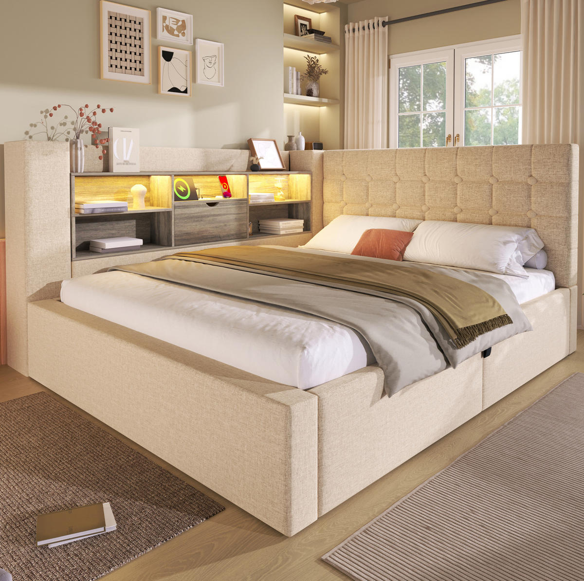 POLSTERBETT 140/190 cm Beige mit Stauraum, LED-Beleuchtung und USB-Anschlüssen - Beige, Textil (140/190cm) - Flora Grace
