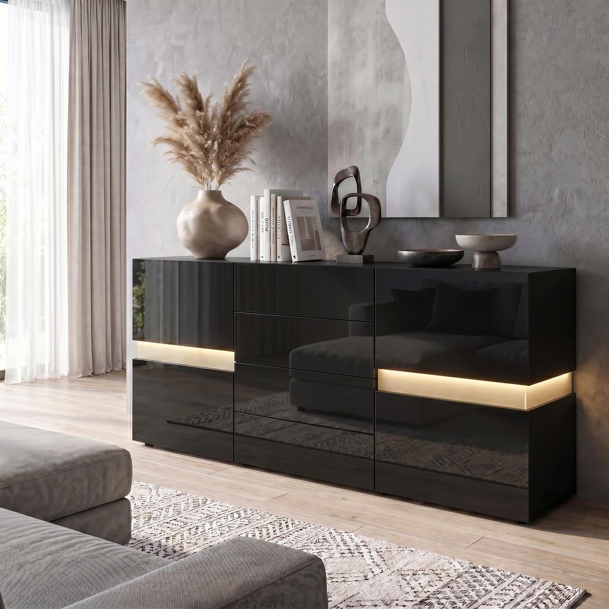 SIDEBOARD Flow Crna visoki sjaj, uklj. LED rasvjetu (177 x 75 x 39 cm) - crna visoki sjaj, drvni materijal (177/75/39cm) - Vladon