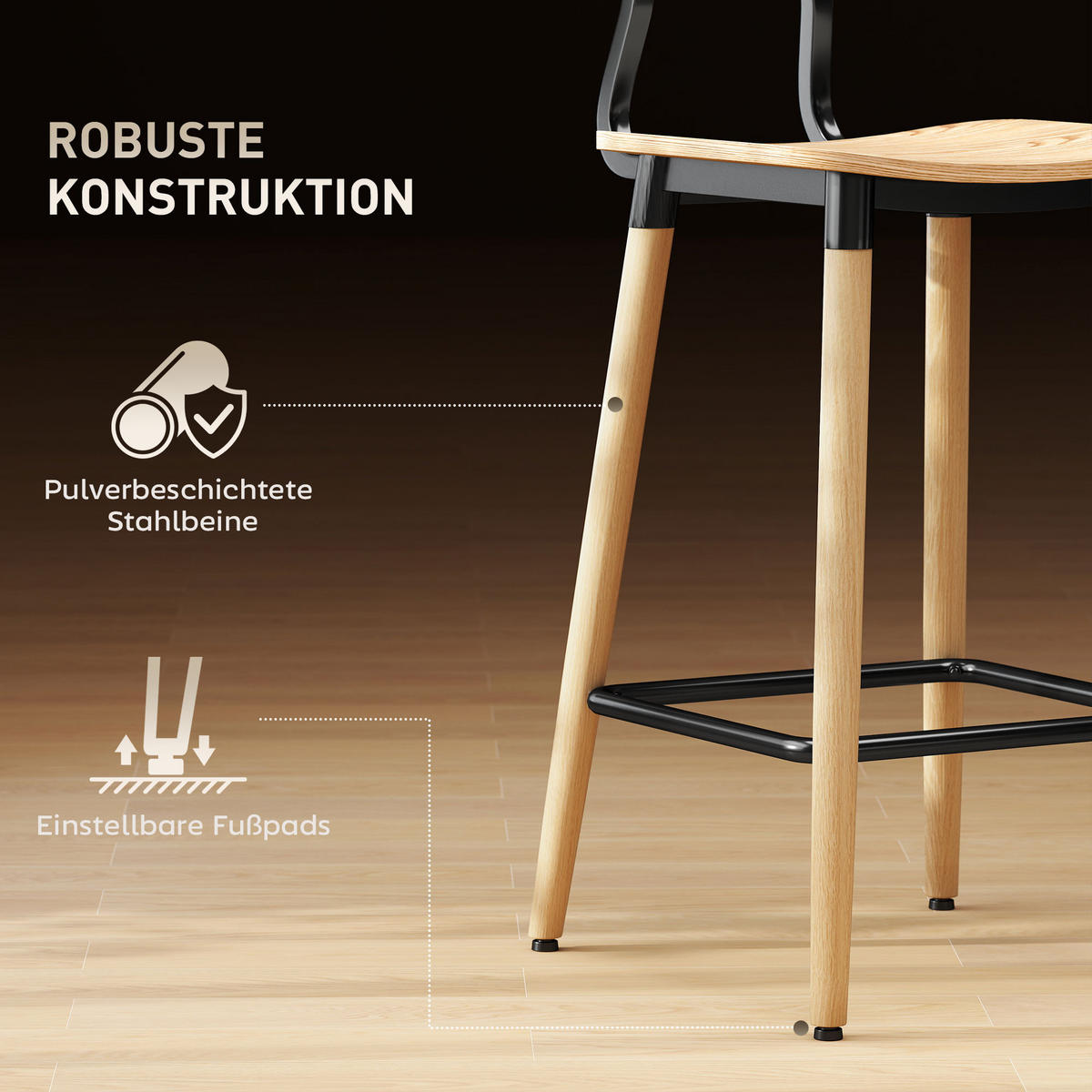 BARHOCKER 2er-Set mit Rückenlehne, Hellbraun - Naturfarben, Holzwerkstoff (41/94/47cm) - HOMCOM