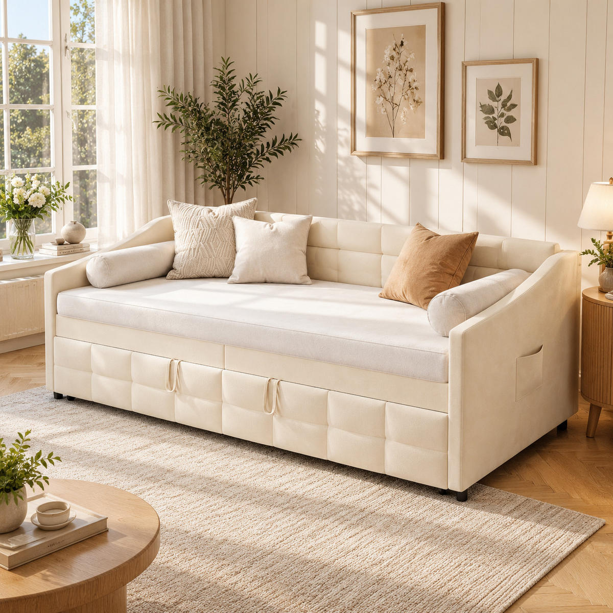 SCHLAFSOFA 200cm breit, Schlafsofa mit ausziehbarer Liegefläche - Beige, Metall (193.5/75/215cm) - Joyfair