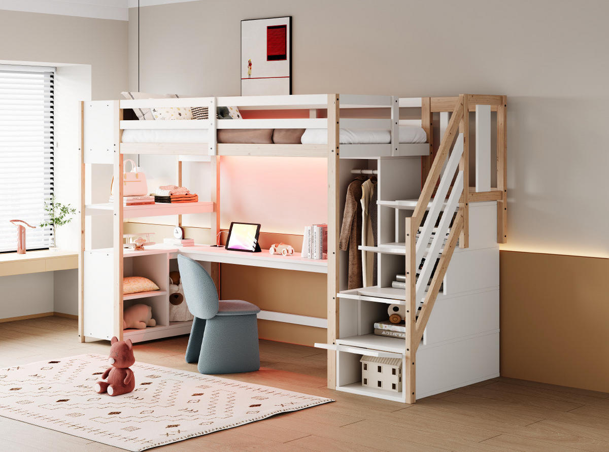 HOCHBETT 90/200 cm aus Massivholz und MDF mit Schreibtisch, Kleiderschrank und LED Weiß/Natur - Naturfarben, Holz (90/200cm) - Modenvie
