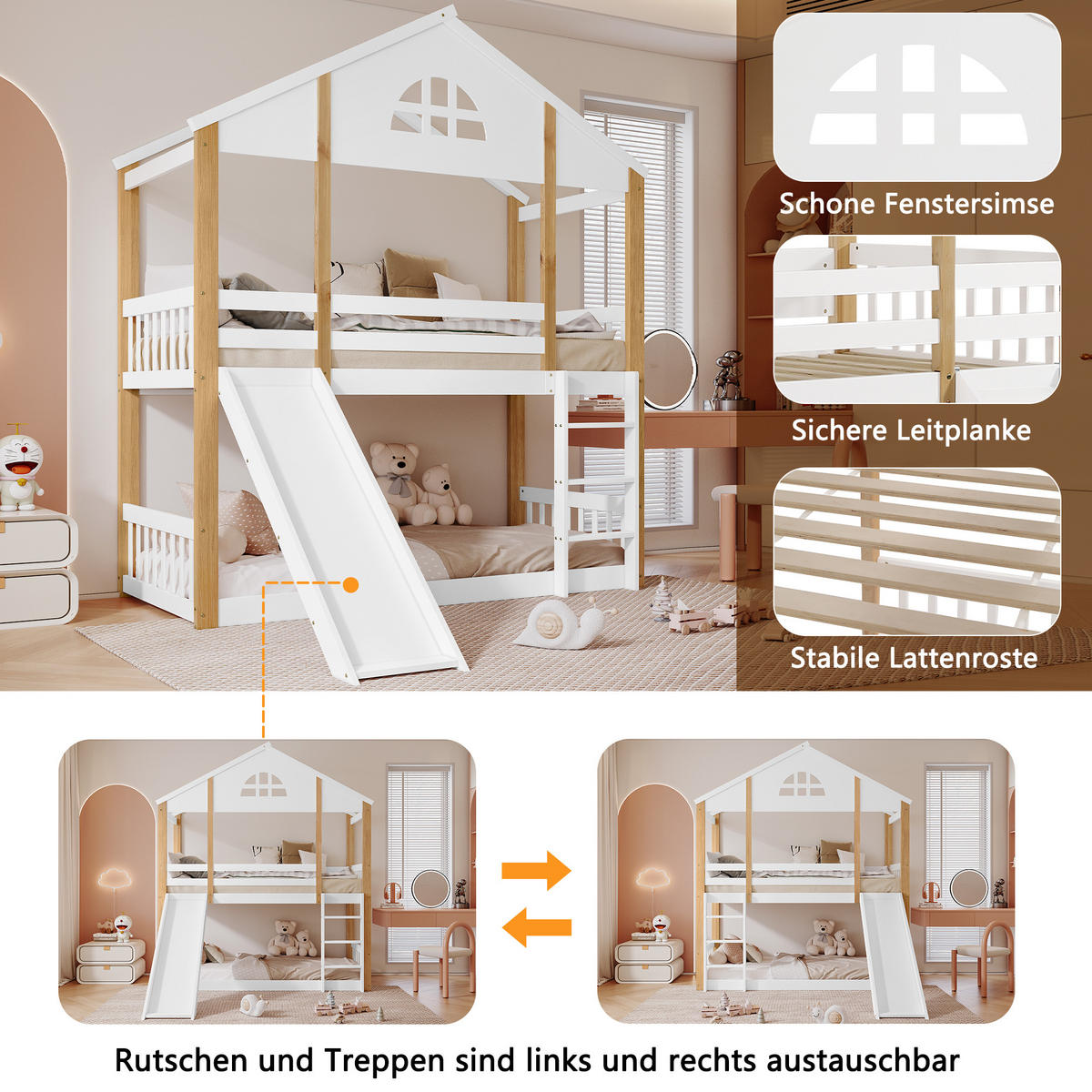 ETAGENBETT 90x200 cm Rutsche Haus weiß - Weiß, Holz (90/200cm) - LEBENLANG