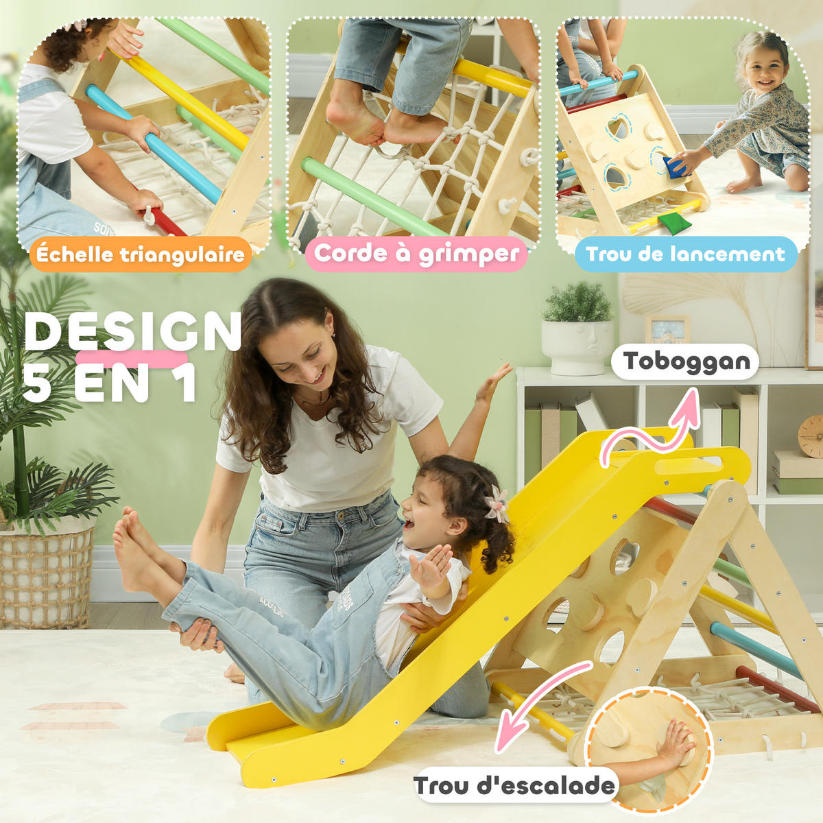 KLETTERDREIECK DE-18384 5-in-1 mit Rutsche und Kletternetz Natur - Multicolor, Holzwerkstoff (63/119cm) - ComfortXL